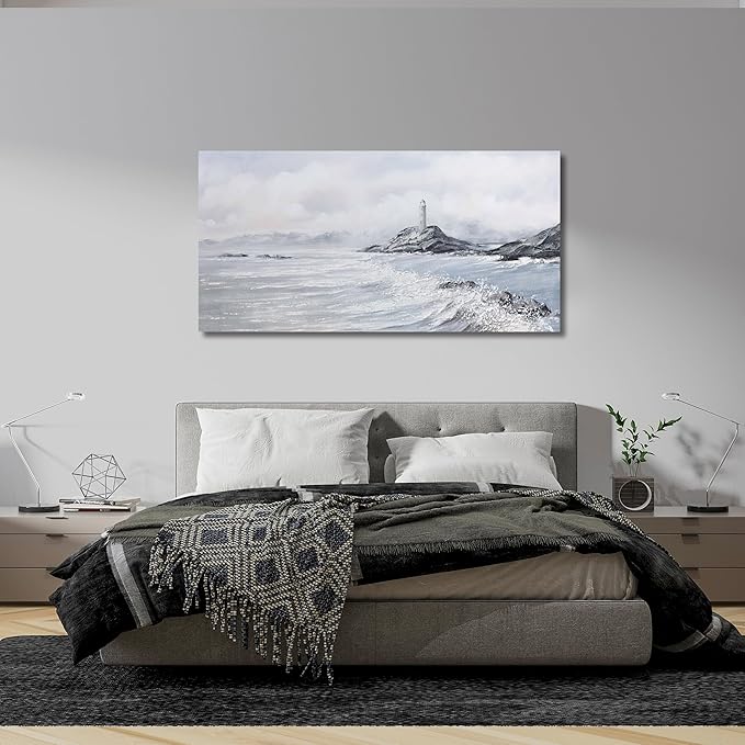Belmrxne Coastal Wall Art White Wall Decor Large Ocean Canvas Painting Lighthouse and Mountain Artwork Modern Aesthetic wall prints for Living Room Dining Room Bedroom Office 29x58 Inches