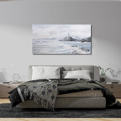 Belmrxne Coastal Wall Art White Wall Decor Large Ocean Canvas Painting Lighthouse and Mountain Artwork Modern Aesthetic wall prints for Living Room Dining Room Bedroom Office 29x58 Inches