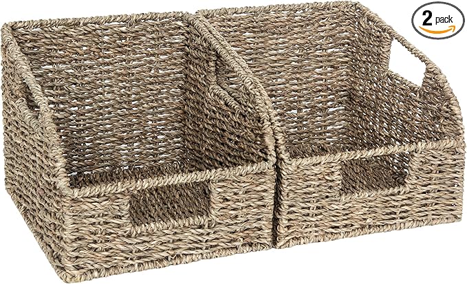StorageWorks Wicker Baskets for Organizing, Pantry Organizers and Storage, Seagrass Storage Basket for Pantry Shelves, Kitchen Counter, Natural, 2 Pack