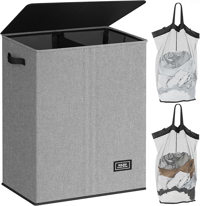 SOLEDI Double Laundry Hamper with Lid, 130L Clothes Hamper 2 Section, Laundry Basket with Removable bag, Bed room decor aesthetic, laundry room organization, Home and dorm room essentials