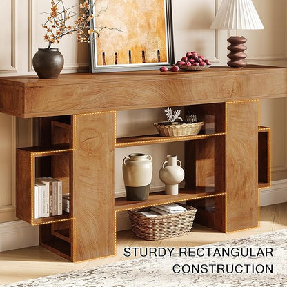 63 Inch Long Console Table for Entryway, Farmhouse Wooden Sofa Table Behind Couch with 3-Tier Storage Shelf, Narrow Entry Accent Table for Living Room, Hallway, Foyer, Oak