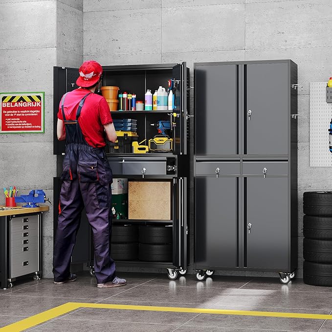 Metal Garage Storage Cabinet with 2 Drawers and 2 Adjustable Shelves, Rolling Tool Storage Cabinet with Wheels and Locking Doors for Garage, Warehouse, Assembly Required, Black and Dark Gray