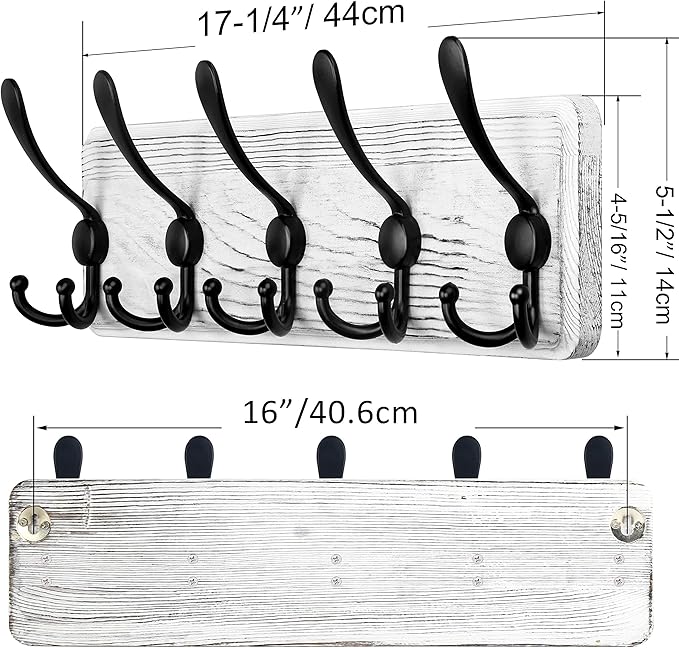 SKOLOO Rustic Wall Mounted Coat Rack, 16" Stud Spacing, Wood Coat Rack Wall Mount with 5 Triple Hooks, Farmhouse Coat Hanger Wall Mount for Hanging Backpack Jacket Coat Hat, Pack of 2