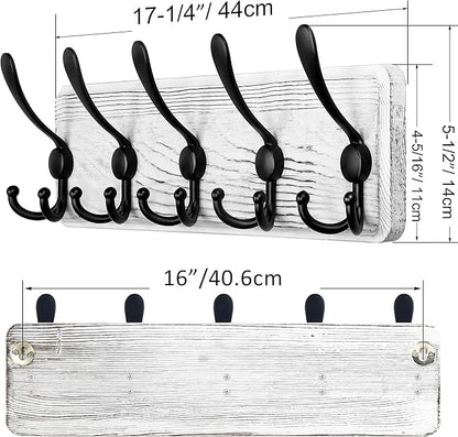 SKOLOO Rustic Wall Mounted Coat Rack, 16" Stud Spacing, Wood Coat Rack Wall Mount with 5 Triple Hooks, Farmhouse Coat Hanger Wall Mount for Hanging Backpack Jacket Coat Hat, Pack of 2