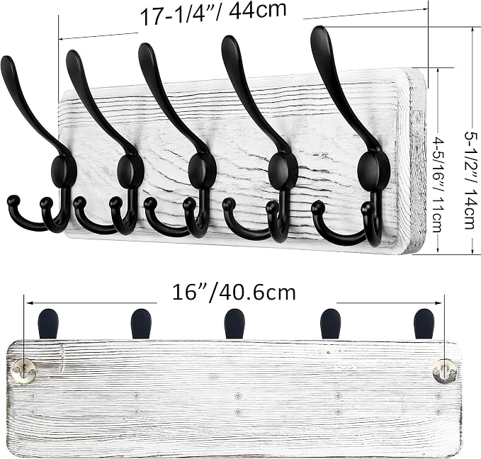 SKOLOO Rustic Wall Mounted Coat Rack: 16" Stud Spacing, Pine Real Wood Plank Wall Coat Rack with 5 Triple Hooks, Farmhouse Coat Hanger Wall Mount for Hanging Backpack Jacket Coat Hat