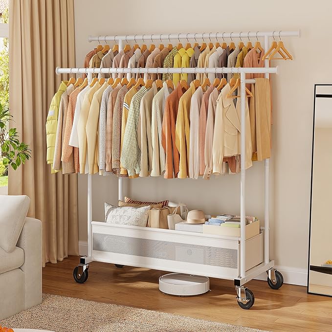 Clothes Rack, Clothing Racks for hanging clothes, Rolling clothes rack with Storage Basket & Heavy Duty Wheels, Double rods clothing rack for Bedroom, Laundry Room, White