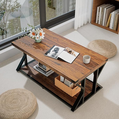Rectangular Coffee Table, 43" Industrial Living Room Center Tables with Storage Shelf, Heavy-Duty Farmhouse Cocktail Tea Table with Angle Iron Tabletop&Metal Frame, Rustic Brown
