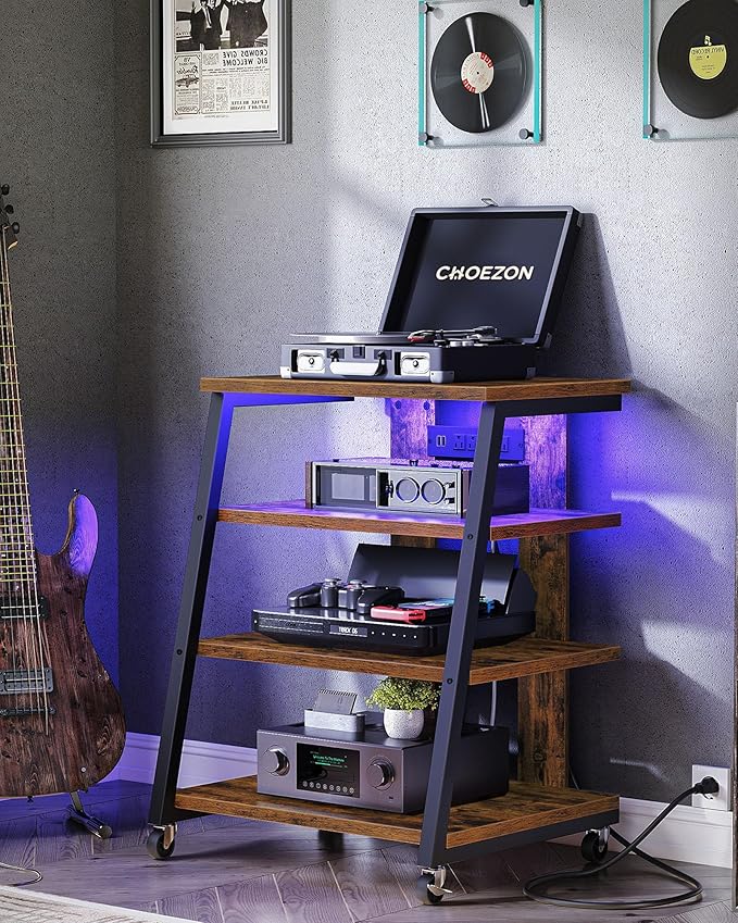 CHOEZON 4-Tier AV Media Stand with Wheels, Stereo Stands, Media Console Shelf with Power Strips, LED Lights, Wooden Audio Cabinet Rack Tower, Rustic Brown and Black TCJ60UDBF