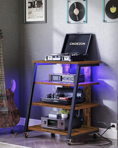 CHOEZON 4-Tier AV Media Stand with Wheels, Stereo Stands, Media Console Shelf with Power Strips, LED Lights, Wooden Audio Cabinet Rack Tower, Rustic Brown and Black TCJ60UDBF