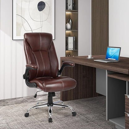 Big and Tall Office Chair for Heavy People, Executive Desk Computer Chair Adjustable Flip-up Armrests, PU Leather Swivel Task Chair with Ergonomic High Back and Lumbar Support（Brown