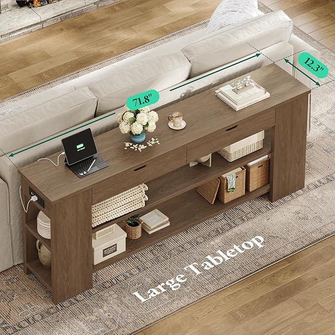 71.8" Extra Long Console Table, Farmhouse Sofa Table with Generous Storage and Built-in Outlet, Sturdy Entryway Table for Living Room, Entrance, Hallway, Foyer, Brown