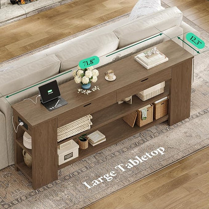71.8" Extra Long Console Table, Farmhouse Sofa Table with Generous Storage and Built-in Outlet, Sturdy Entryway Table for Living Room, Entrance, Hallway, Foyer, Brown