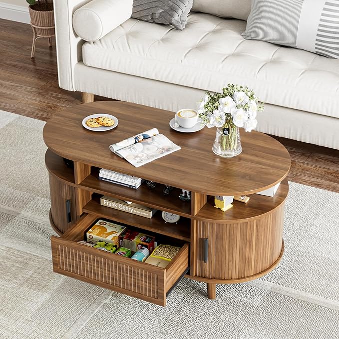 39" Fluted Coffee Table, Coffee Tables with Storage, Oval Coffee Table for Living Room, Center Table with Tambour Doors, Walnut Coffee Tables for Apartment, Office