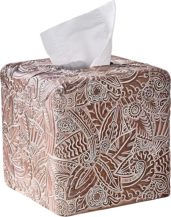 Tropical Leaves Vintage Wood Carved Square Tissue Box Cover Decorative,Tissue Box Holder, Facial Paper Holder for Bathroom Vanity Countertop, Bedroom Night Stand,Office and End Table, Rustic Brown