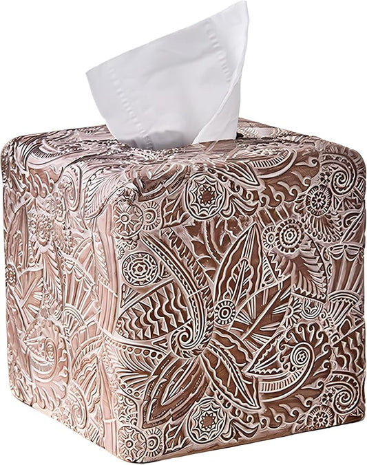 Tropical Leaves Vintage Wood Carved Square Tissue Box Cover Decorative,Tissue Box Holder, Facial Paper Holder for Bathroom Vanity Countertop, Bedroom Night Stand,Office and End Table, Rustic Brown