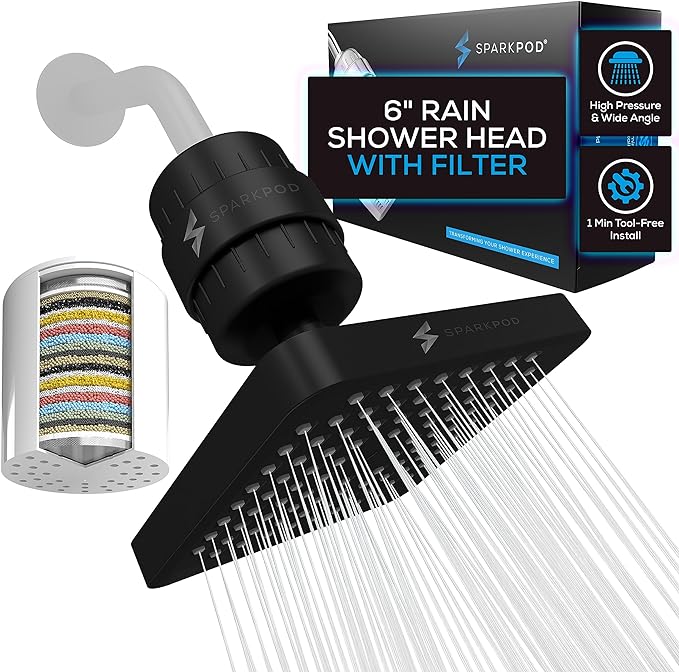 SparkPod 23-Stage Filtered Shower Head, 6" Square, Black Matte | Filtered Shower Head for Hard Water Filter, High Pressure, Reduces Chlorine, Heavy Metals, For Dry Skin & Hair
