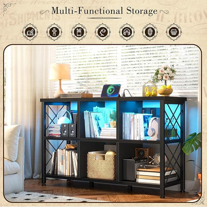 6 Cube Storage Organizer with LED Light and Charging Station, Wood and Metal Cube Shelf, Long Horizontal Book Shelf for Bedroom, Home Office, Black
