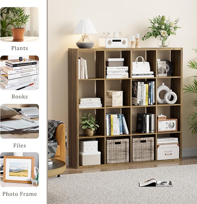 Cube Storage Organizer Bookcase, Decorative 11 inch Open Back Cubical Shelf with Thickened Border, Display Bookshelf for Living Room, Home Office, Sturdy Room (Brown, 16 Cube)