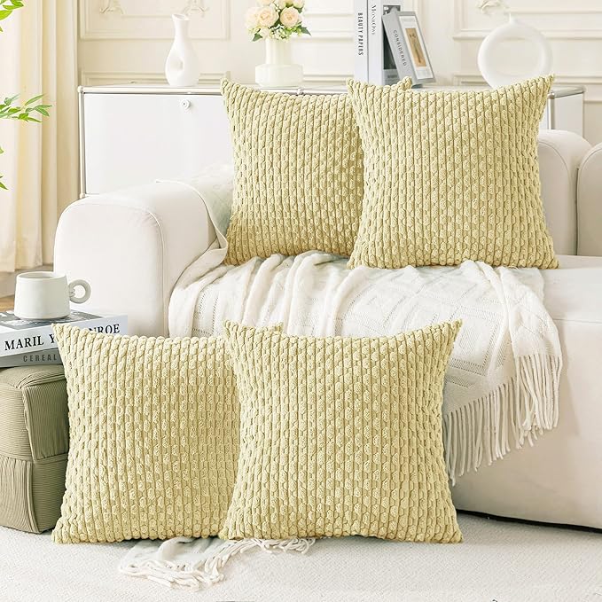 Set of 4 Pale Yellow Decorative Throw Pillow Covers 18x18 Inch Corduroy Pillow Covers for Bed Couch Sofa Living Room Soft Square Cushion Cases