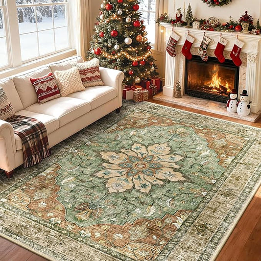 RELEANY Area Rugs 5'x8' Washable Non-Slip, Floral Vintage Distress Medallion Carpet for Living Room Bedroom Dining Room, Terracotta Burnt Orange Green