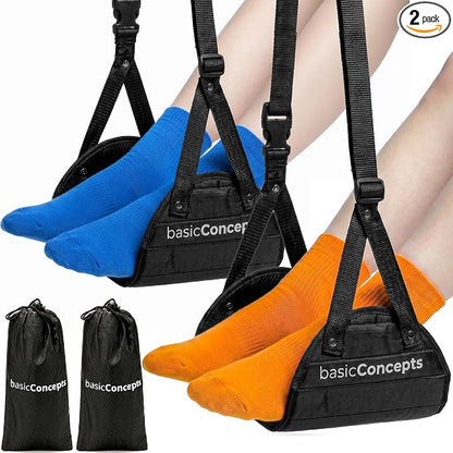 BASIC CONCEPTS Airplane Adjustable Foot Hammock (2 Pack), Perfect or Office Footrest to Relax Your Feet (Memory Foam) - for Travel Accessories, Desk Hammock, Comfy Hanger