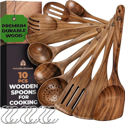 Wooden Spoons for Cooking – 10 Pcs Premium Teak Wooden Utensil Set with Hooks - Durable, Nonstick Safe, Easy to Clean & Heat Resistant with Ergonomic Handles