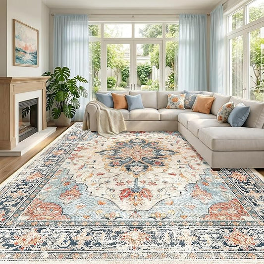 RELEANY Area Rugs Large 10'x14' Washable Non-Slip, Floral Vintage Distress Medallion Carpet for Living Room Bedroom Dining Room, Beige Navy Blue Orange Colorful