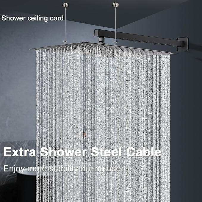 HarJue Shower Head with Extension Arm, High Pressure Square with ShowerArm, Stainless Steel Rainfall-Waterfall Full Body Coverage (16'' Shower with 20'' Arm, Matte Black)