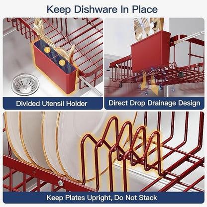 JASIWAY Red Expandable Stainless Steel Dish Drying Rack Over The Sink for Small Kitchen, Counter Space Saving Compact Plate Drainer Strainer, Adjustable Hanging Metal Dish Dryer with Utensil Holder