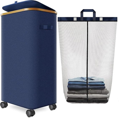 Laundry Hamper with Wheels and Lid,Foldable Rolling Laundry Basket Dirty Clothes Hamper,Oxford Fabric Storage Organizer for Bedroom, Dorm, Laundry Room (Blue, 110 L)