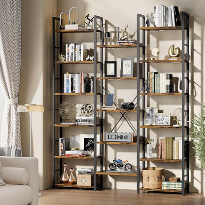 Shintenchi Triple Column 6 Tier Bookshelf, Industrial Large Bookcase Display Shelves, Large Etagere Bookshelf,Wide Book Shelf Book Case for Home & Office, Rustic Brown