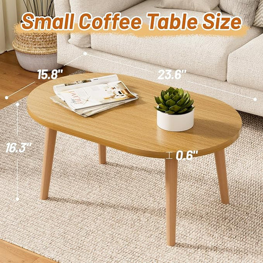 Small Coffee Table, Low Table with Solid Wood Legs, 23.6" Mini Oval Accent Table Side End Table, Floor Table Desk for Sitting on The Floor, Coffee Tea Table for Living Room, Dorm, Apartment, Natural