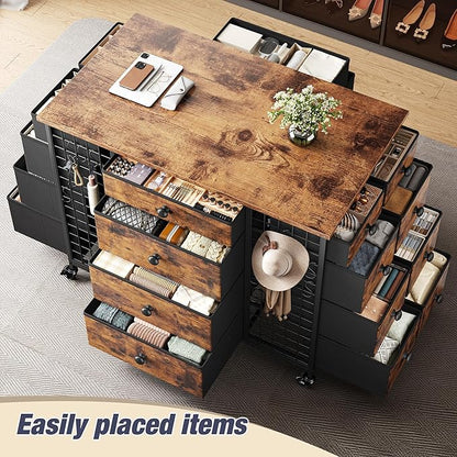 EnHomee 24 Drawers Dresser for Bedroom, Dressers & Chests of Drawers with 4 Wheels and 40" x 23" Wide Wooden Top, Metal Frame, Closet Island with Hooks, Cloakroom, Dressing Room, Rustic Brown