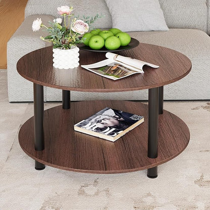 23.6" Round Coffee Table, 2-Tier Small Circle Coffee Table with Storage, Modern Center Accent Table with Metal Frame, Side Table End Table for Small Space, Living Room, Office, Walnut