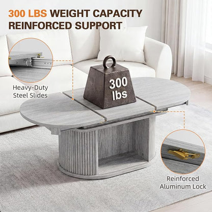 YESHOMY 45.2" Extendable Coffee Table with Storage, Fluted Oval Coffee Table with Sliding Door, Mid Century Modern Center Table for Living Room, Gray