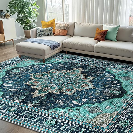 RELEANY Area Rugs 7'x10' Washable Non-Slip, Floral Vintage Distress Medallion Carpet for Living Room Bedroom Dining Room, Teal Green Lake Blue Turquoise
