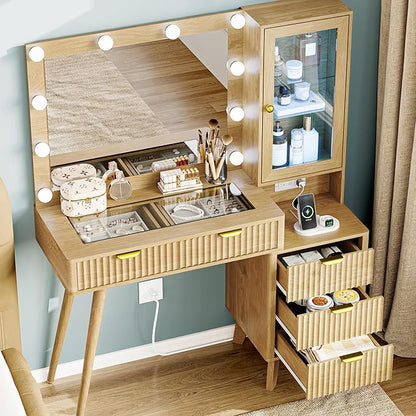 Vanity Desk with Mirror and Lights, 45" Fluted Makeup Vanity Desk with Lights &5 Drawers, Glass Top Vanitys with Lighted Mirror and RGB Cabinet, Dressing Table with Power Outlet for Bedroom, Oak