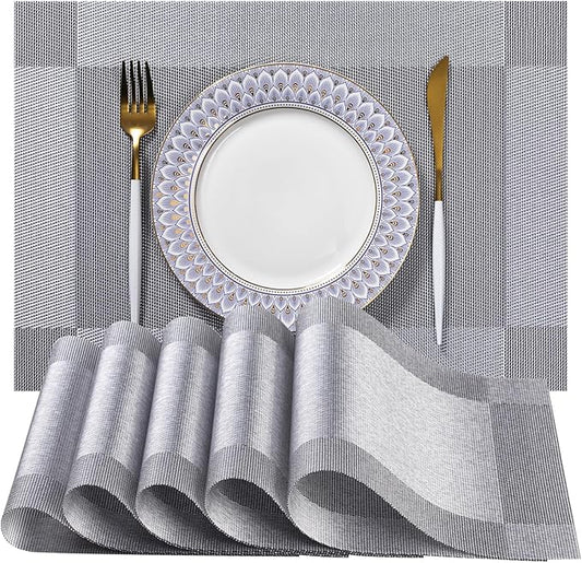 LEXMORE Placemats Set of 8 Vinyl/Plastic Woven Place Mats for Kitchen Table Indoor/Outdoor Washable Placemat Wipeable Dining Table Mats(Silver Cube)