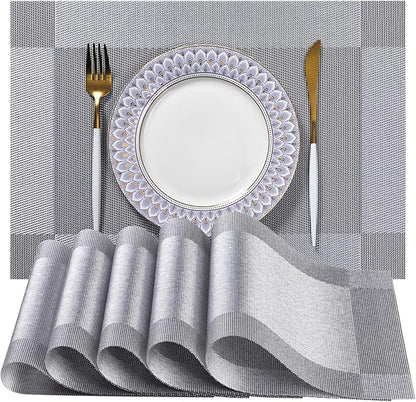 LEXMORE Placemats Set of 4 Vinyl/Plastic Woven Place Mats for Kitchen Table Indoor/Outdoor Washable Placemat Wipeable Dining Table Mats(Silver Cube)