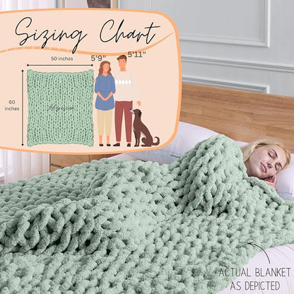 Adyrescia Chunky Knit Blanket Throw | 100% Hand Knit with Jumbo Chenille Yarn (50"x60", Sage Green)