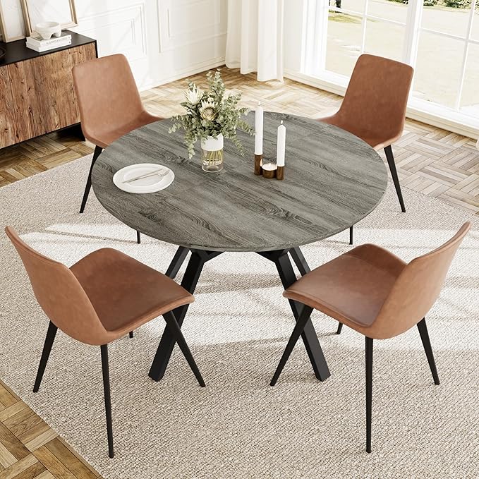Extendable Round Dining Table Set for 4-6 People, 43.3"-59.1" Extendable Kitchen Table with 4 Upholstered Chairs, Space Saving for Kitchen Dining Room (Grey Table+4 Brown Chairs)