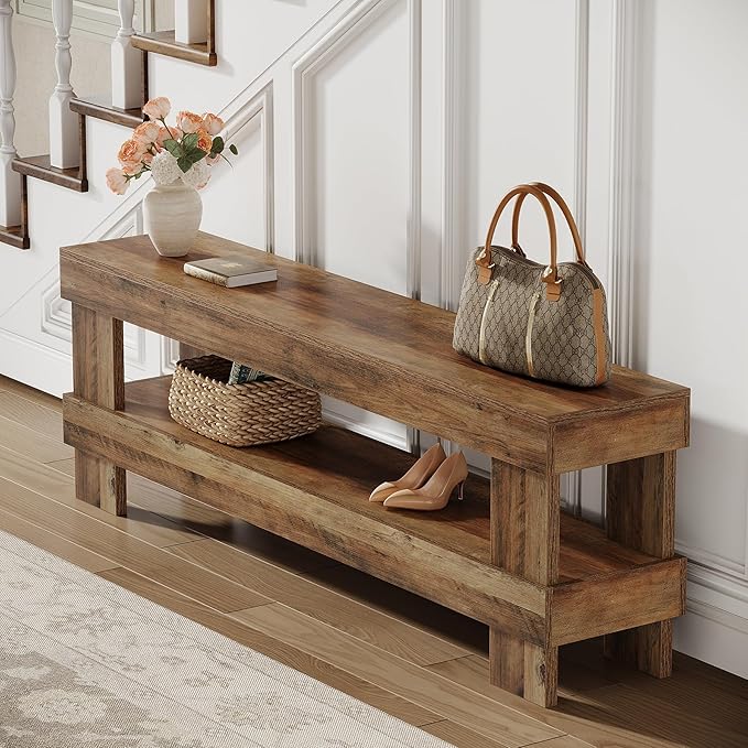 Tribesigns Farmhouse Entryway Bench, 59-Inch Long Shoe Bench Seat with Open Storage Shelf, 2-Tier Narrow End of Bed Benches for Bedroom, Entryway, Hallway, Indoor, Living Room (Rustic Brown)