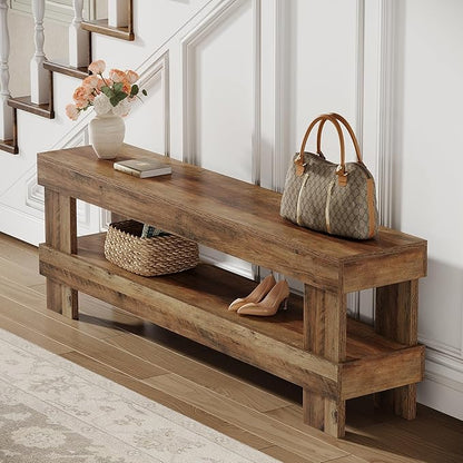 Tribesigns Farmhouse Entryway Bench, 59-Inch Long Shoe Bench Seat with Open Storage Shelf, 2-Tier Narrow End of Bed Benches for Bedroom, Entryway, Hallway, Indoor, Living Room (Rustic Brown)