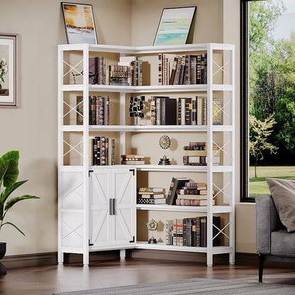 Jartoil Corner Bookshelves 6 Tier, Farmhouse Wooden Bookcases for Corner, L Shaped Etagere Bookshelf with Storage for Living Room Home Office