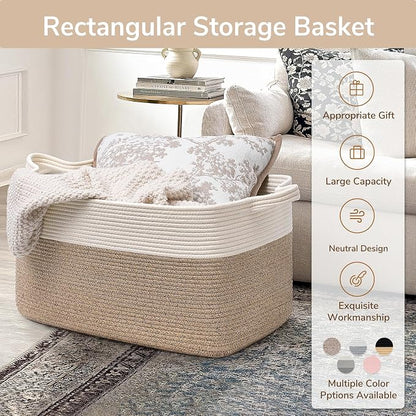 Goodpick Large Woven Blanket Basket 21.6" x 14.9" x 11.8" Storage Baskets for Organizing, Baby Laundry Basket with Handles, Toy Storage Baskets for Living Room Nursery, Brown