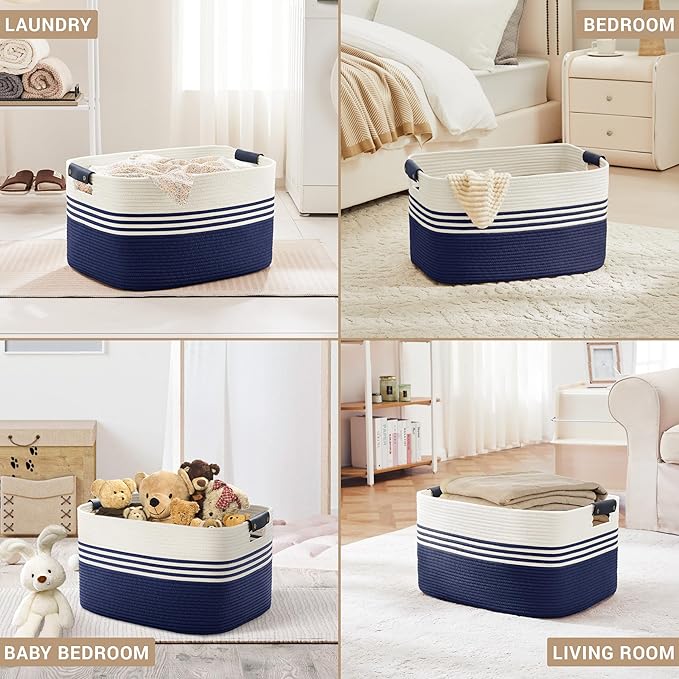 SunNewt 72L Large Laundry Basket with Leather Handles for Living Room Storage, Woven Rope Baskets Bin for Blanket, Kids Toy, Gifts, Wicker Hamper for Bedroom Dirty Clothes, 22"x17"x12" White Navy