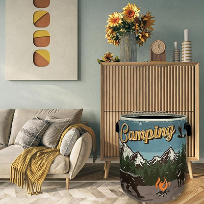 Retro Camping Mountain Bear Laundry Basket Foldable With Handles Tote Bag Oxford Cloth Funny Laundry Hamper Clothes Storage Bucket Toy Organizer For Bathroom/Laundry/Bedroom 18.9" x 16.5 "