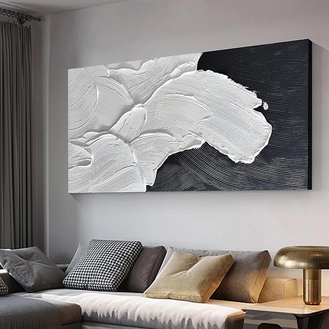 Tarfupth Black and White Abstract Wall Art for Living Room Hand-Painted Large Abstract Wave Oil Paintings Artwork for Bedroom Office Home Decor 29x58 Inch