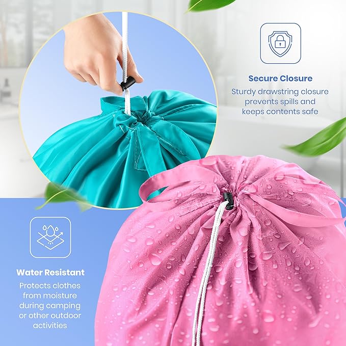 Extra Large Travel Laundry Bag - 2-Pack Fun Print Design Bags for Dirty Clothes - Durable Water-Resistant Fabric - Sturdy Drawstring Closure (Pink-Teal | Laundry)