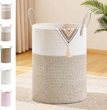 Tall Laundry Basket with Handles, 72L Portable Dirty Clothes Hamper, Boho Cotton Rope Storage Bin for Blankets Kids Toys Gifts, Large Organizer for Baby Nursery Bedroom Bathroom, Brown